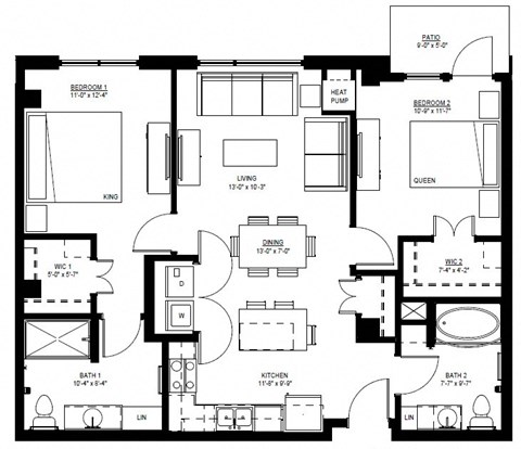Floor plan for 2 beds, 2 baths, 1207 sqft